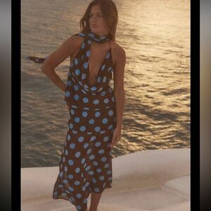 Zara Brown Midi Asymmetrical Skirt with Blue Polka Dots